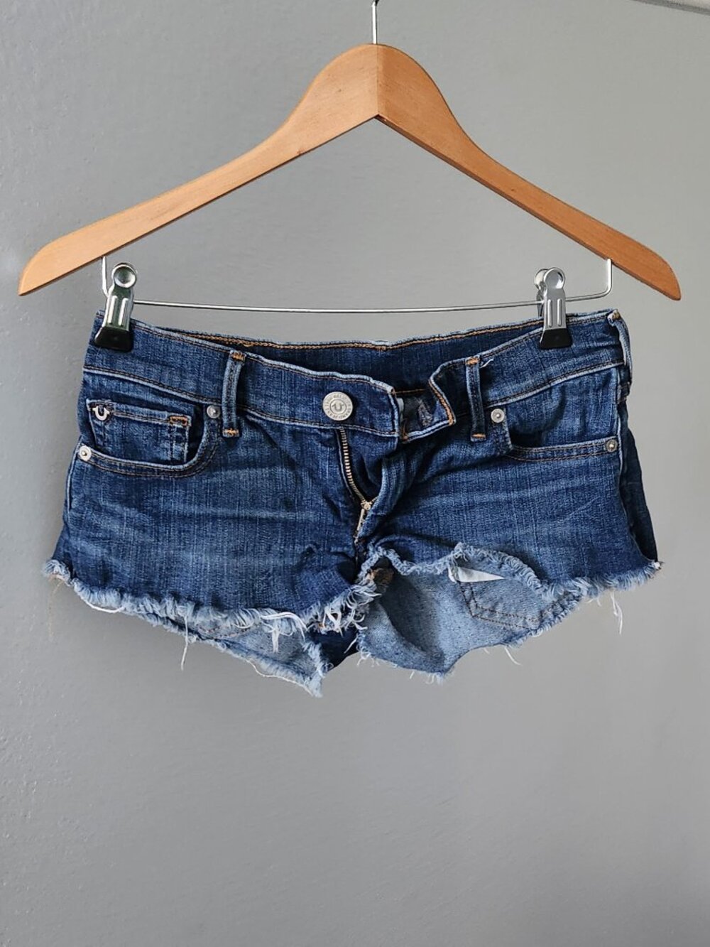 True Religion - Denim Jean Shorts - Size 25 - Dark Wash Distressed Frayed